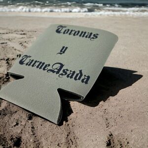 Coronas Y Carne Asada Koozie Can Sleeve Handmade Grey and Navy Blue